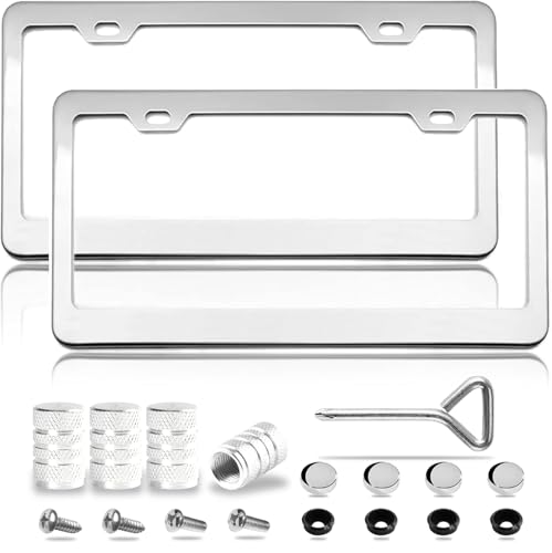 Flamax Mirror Polished Heavy Duty Stainless Steel License Plate Frame with Chrome Screw Caps, 2 Holes Rust-Proof Chrome-Like Finish Stainless Steel License Plate Frames 2 Pack - Image 1