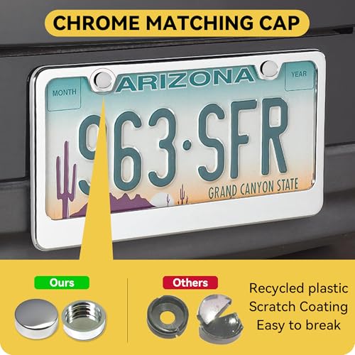 Flamax Mirror Polished Heavy Duty Stainless Steel License Plate Frame with Chrome Screw Caps, 2 Holes Rust-Proof Chrome-Like Finish Stainless Steel License Plate Frames 2 Pack - Image 2