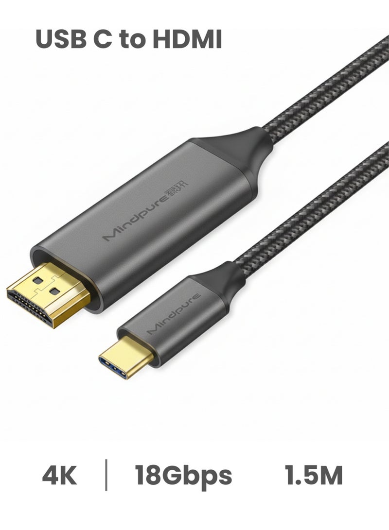 مينديبوريت كابل Mindpure من USB C إلى HDMI بطول 1.5 متر (4K@60Hz)، متوافق مع ثندربولت 4/3، كابل Type C إلى HDMI 2.0 مضفر، متوافق مع آيفون 17 و16 برو ماكس، ماك بوك، آيباد، وجالاكسي S25 - Image 1