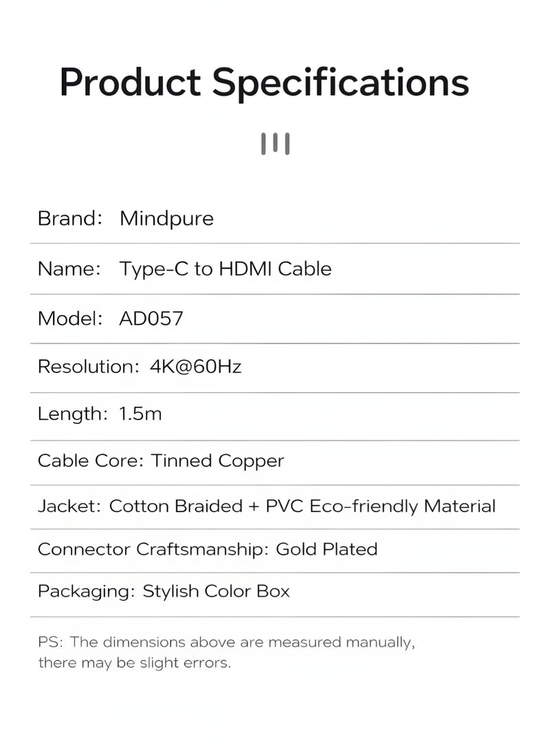 مينديبوريت كابل Mindpure من USB C إلى HDMI بطول 1.5 متر (4K@60Hz)، متوافق مع ثندربولت 4/3، كابل Type C إلى HDMI 2.0 مضفر، متوافق مع آيفون 17 و16 برو ماكس، ماك بوك، آيباد، وجالاكسي S25 - Image 3
