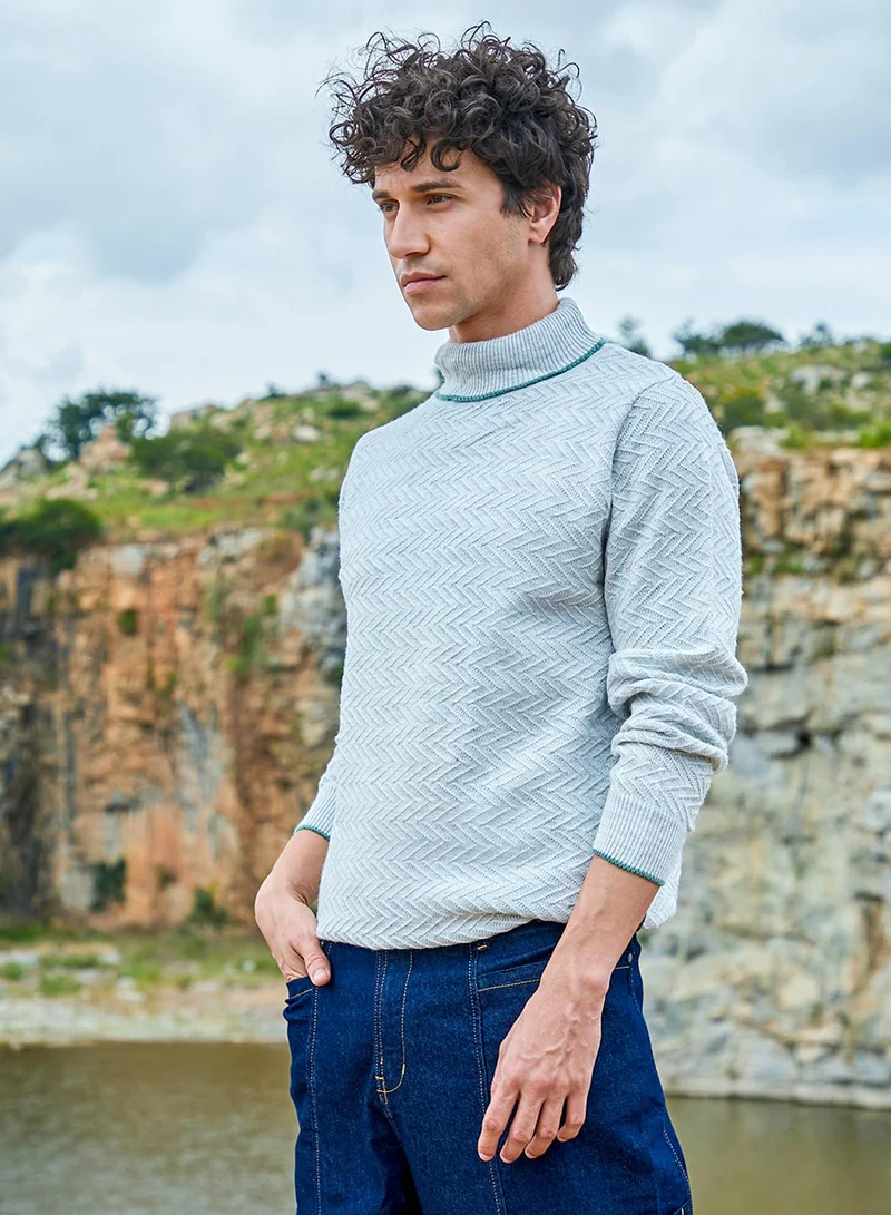 كامبوس سوترا Men's Light Grey Herringbone Textured Pullover Sweater