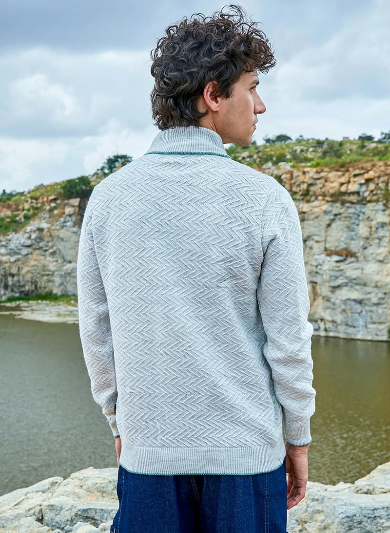 كامبوس سوترا Men's Light Grey Herringbone Textured Pullover Sweater