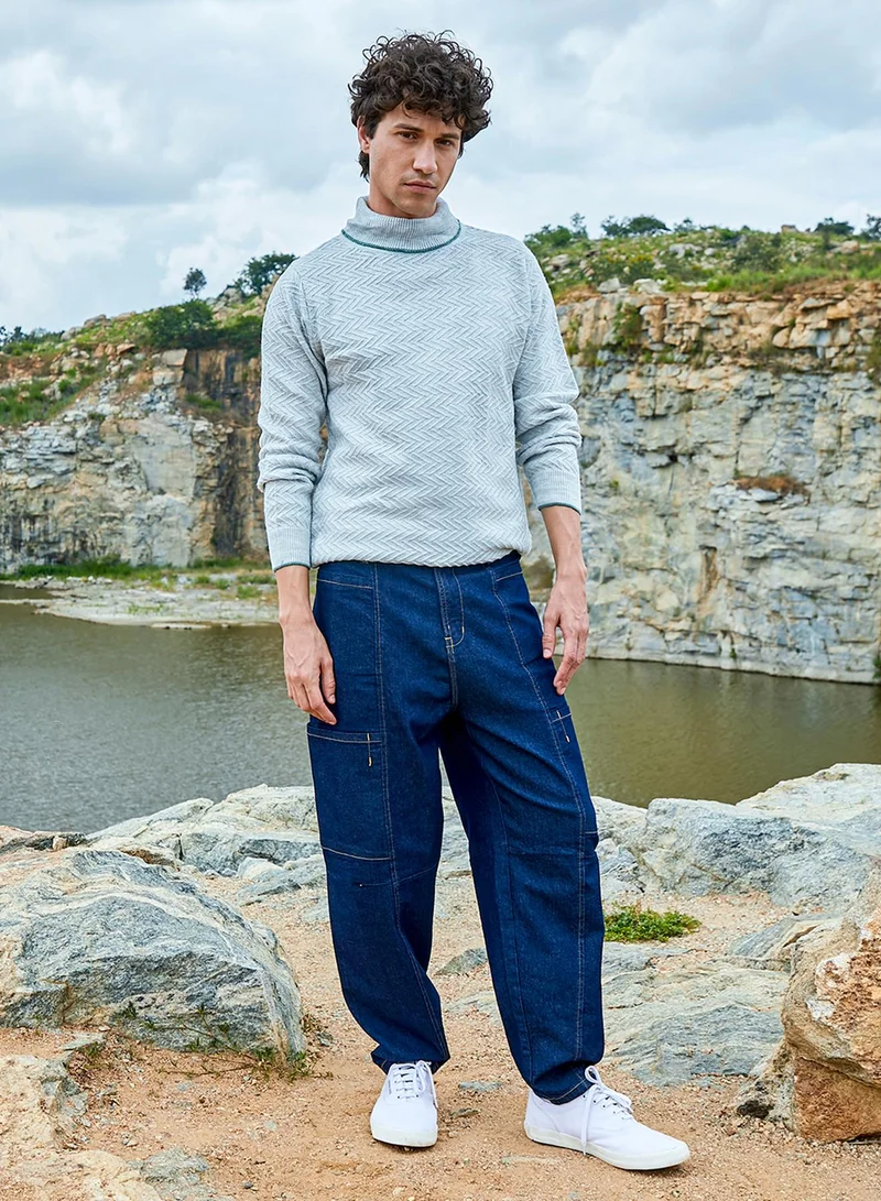 كامبوس سوترا Men's Light Grey Herringbone Textured Pullover Sweater