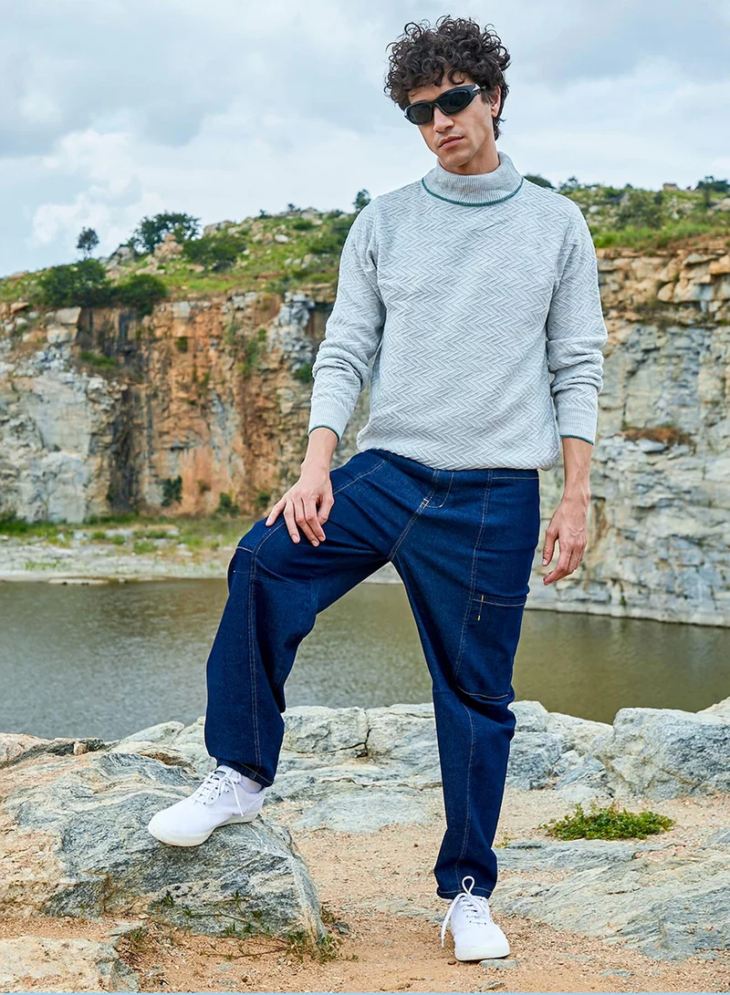 كامبوس سوترا Men's Light Grey Herringbone Textured Pullover Sweater