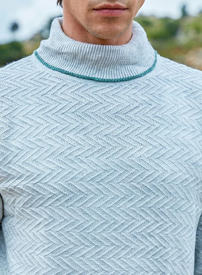كامبوس سوترا Men's Light Grey Herringbone Textured Pullover Sweater