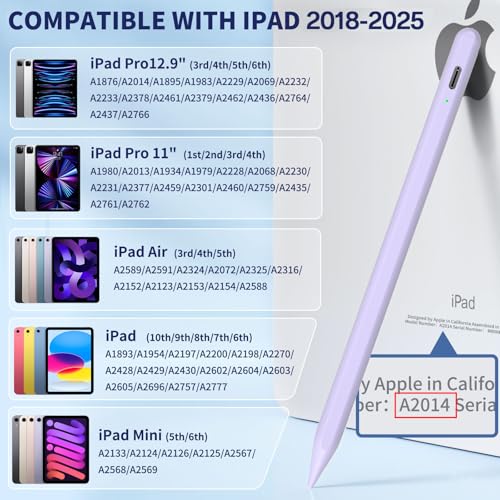 HFENGZN iPad Pencil for 9th & 10th Generation, Fast Charge Stylus Pen for Palm Rejection and Tilt Sensitivity, Compatible with iPad Pro 11/12.9in, Mini 5/6, iPad 6/7/8/9/10, Air 3/4/5 (Purple) - Image 2