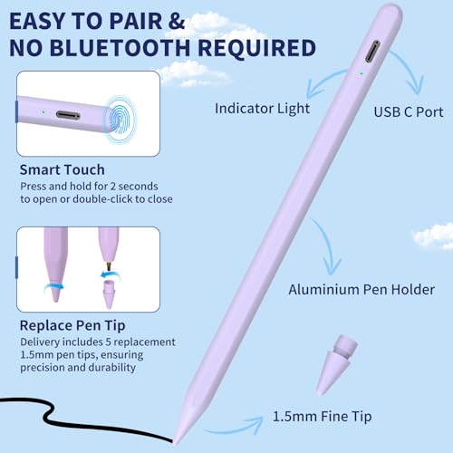 HFENGZN iPad Pencil for 9th & 10th Generation, Fast Charge Stylus Pen for Palm Rejection and Tilt Sensitivity, Compatible with iPad Pro 11/12.9in, Mini 5/6, iPad 6/7/8/9/10, Air 3/4/5 (Purple) - Image 5