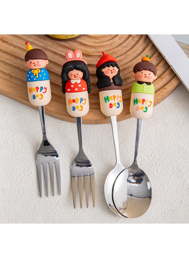 MOE Fun 304 Boys And Girls Spoon Fork Creative Silicone Handle Stainless Steel Spoon High Color Value Stainless Steel Spoon-Color:Pink Hoop Girl Fork  - Image 2