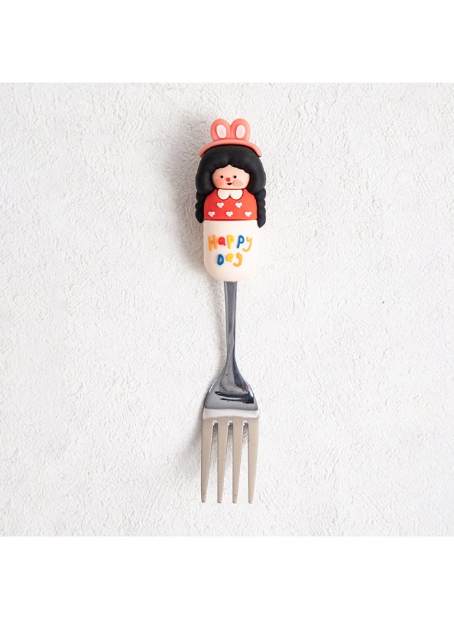 MOE Fun 304 Boys And Girls Spoon Fork Creative Silicone Handle Stainless Steel Spoon High Color Value Stainless Steel Spoon-Color:Pink Hoop Girl Fork  - Image 1