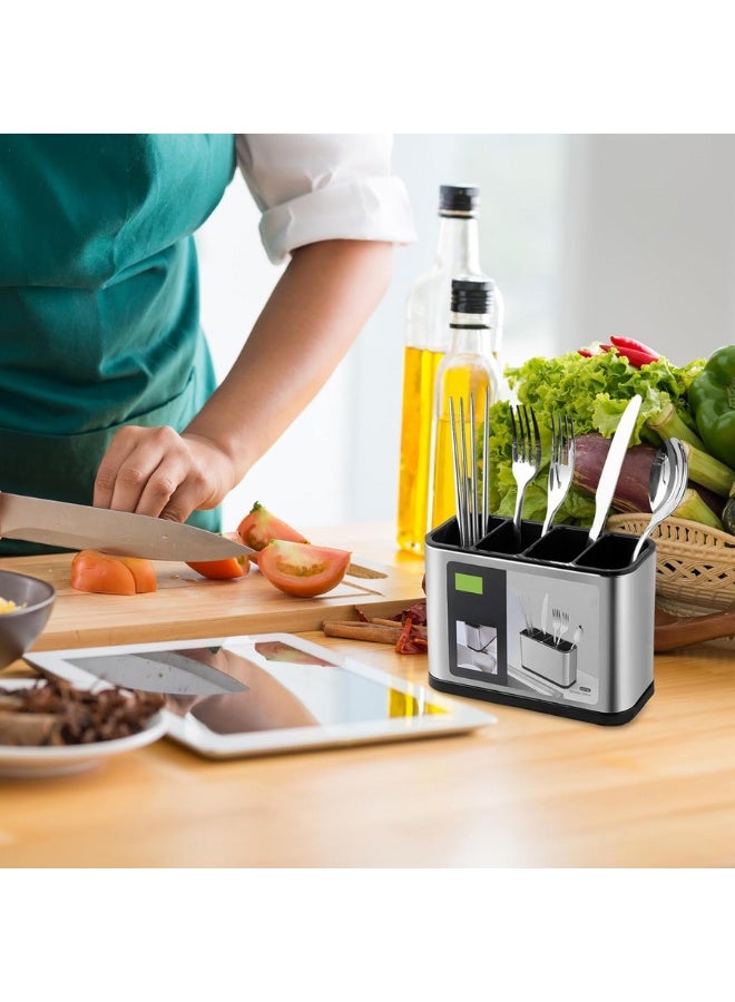 Kitchen Utensils Holder 4-Grid Stainless Steel Cutlery Holder with Draining Hole Anti-Slip Rustproof Cutlery Caddy for for Spoons Spatulas Forks Storage - Image 3