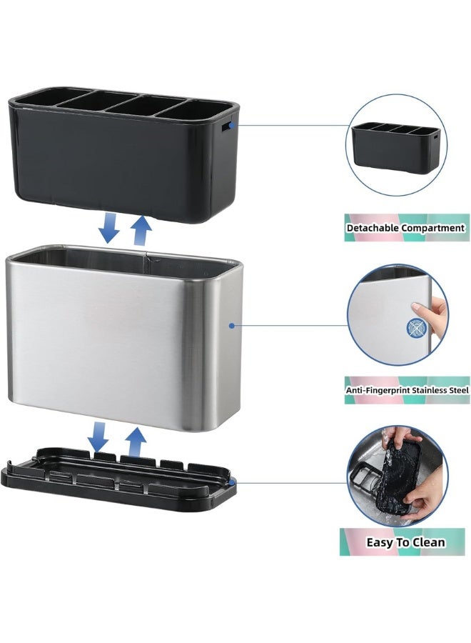 Kitchen Utensils Holder 4-Grid Stainless Steel Cutlery Holder with Draining Hole Anti-Slip Rustproof Cutlery Caddy for for Spoons Spatulas Forks Storage - Image 5