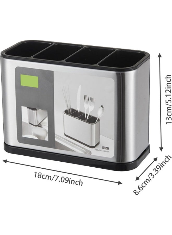 Kitchen Utensils Holder 4-Grid Stainless Steel Cutlery Holder with Draining Hole Anti-Slip Rustproof Cutlery Caddy for for Spoons Spatulas Forks Storage - Image 2