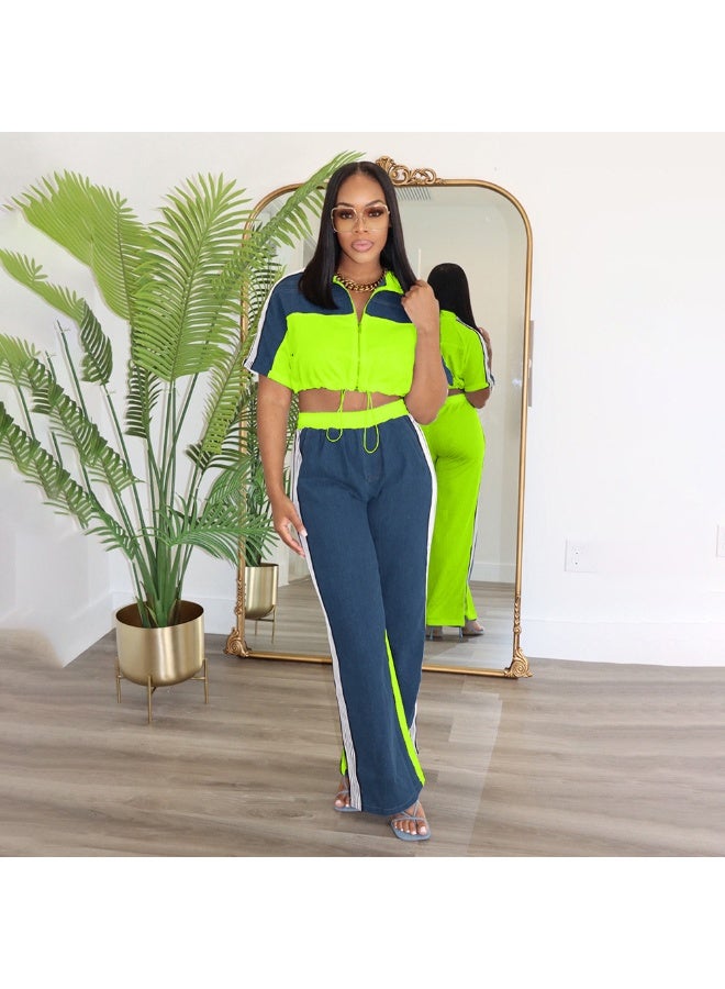 KUYING New Fashion Cowboy Splicing Color Stand up Collar Zipper Top Wide Leg Pants Upgraded Two Piece Set - Image 2