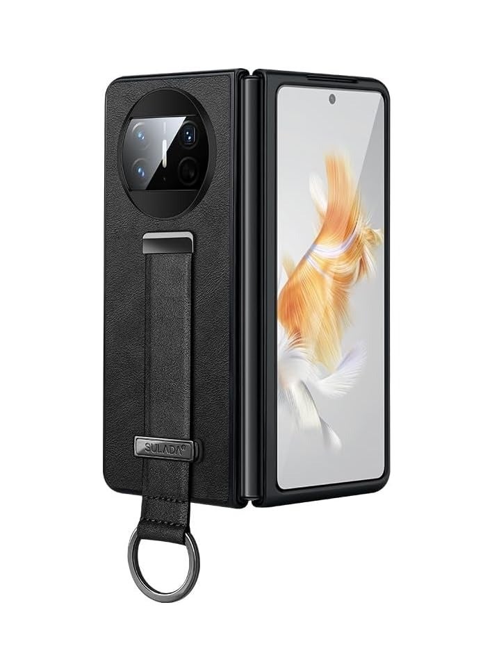 غطاء متوافق مع جهاز Huawei Mate X3، مصنوع من الجلد الصناعي (PU) مع خلفية صلبة من البلاستيك، رفيع للغاية ومتين للحماية، مزود بحزام معصم قابل للتعديل، وغطاء مقاوم للصدمات، يوفر حماية للجهاز مع تصميم ن