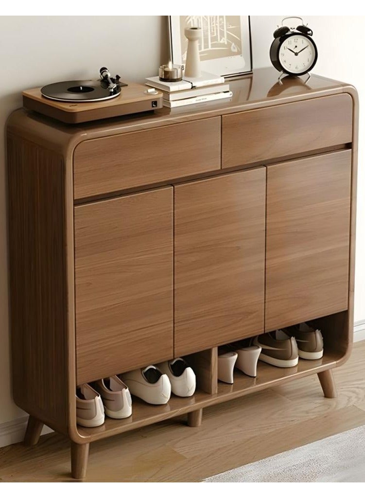 إيونتو خزانة أحذية عصرية بقطر ١٠٠ سم مع درجين و٣ أبواب - لمسة نهائية خشبية، تصميم أخدود بدون مقابض، أرجل خشبية وحجرات تخزين مفتوحة - Image 1