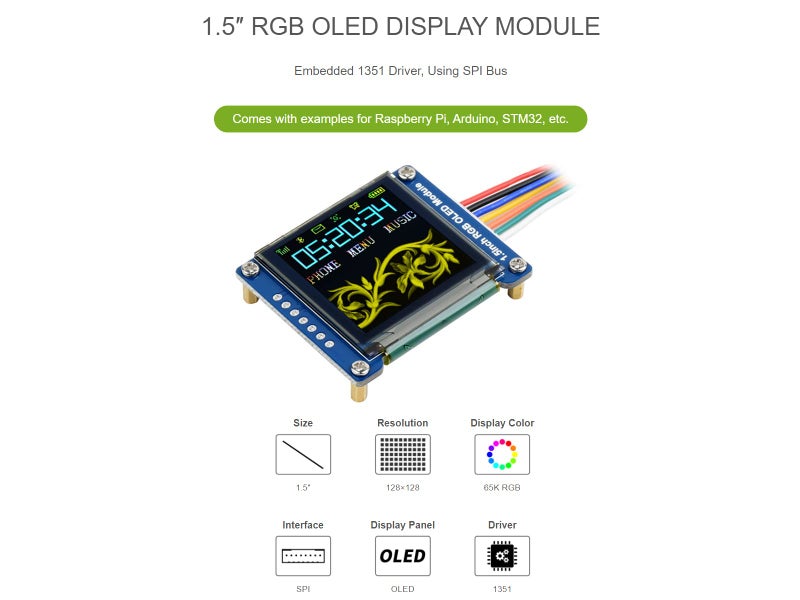 waveshare 1.5inch RGB OLED Display Module, 128x128 Pixels Displaying 65K Colors, Support Raspberry Pi Arduino STM32, SPI Interface - Image 4