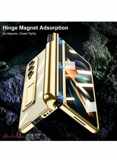 Y&D Phone Case for Samsung Galaxy Z Fold 4 Magnetic Hinge Protection with Holder Transparent Plating PC Crystal Cover Front Glass All-Inclusive Gold S Pen  - Image 3