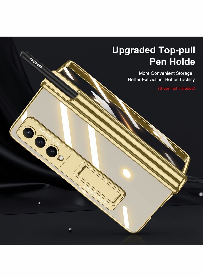 Y&D - Phone Case for Samsung Galaxy Z Fold 4 Magnetic Hinge Protection with Holder Transparent Plating PC Crystal Cover Front Glass All-Inclusive Gold S Pen - Image 1