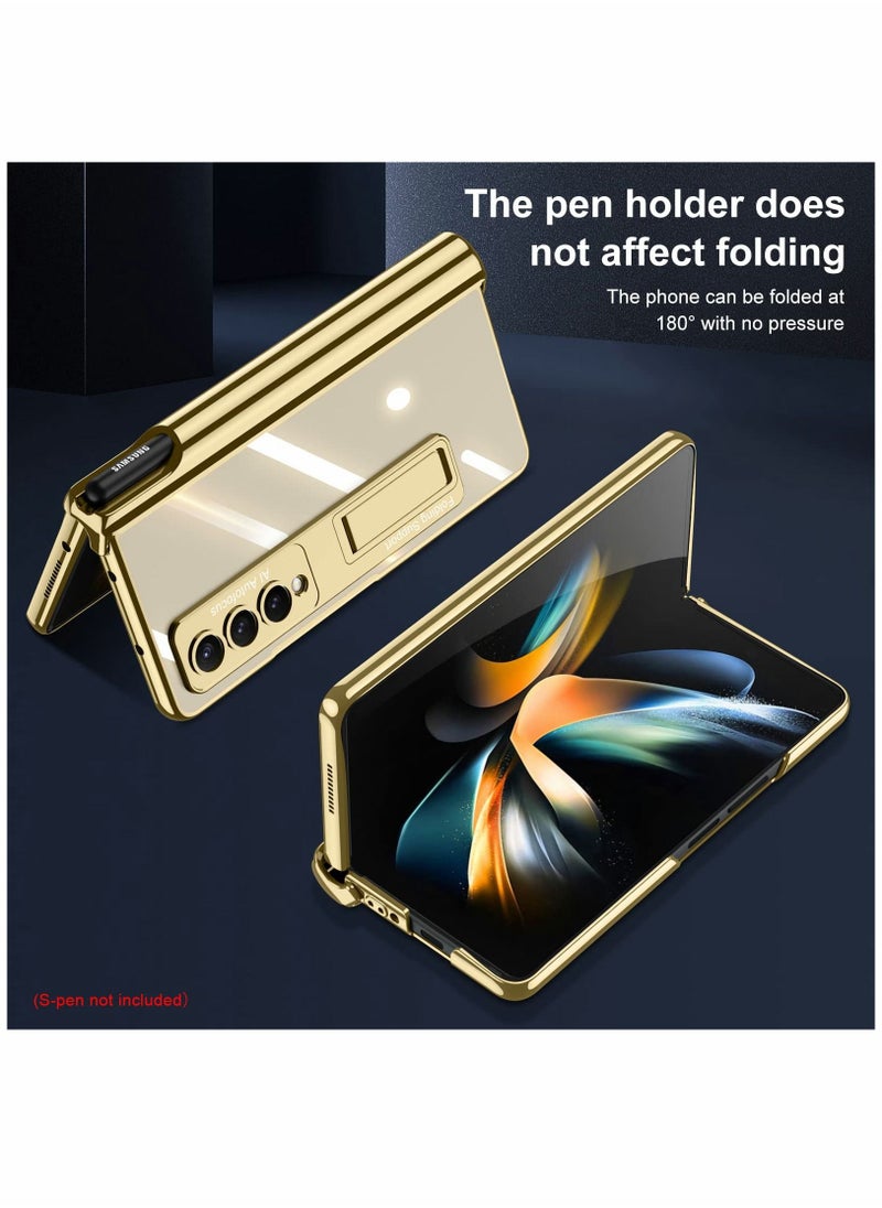 Y&D - Phone Case for Samsung Galaxy Z Fold 4 Magnetic Hinge Protection with Holder Transparent Plating PC Crystal Cover Front Glass All-Inclusive Gold S Pen - Image 1