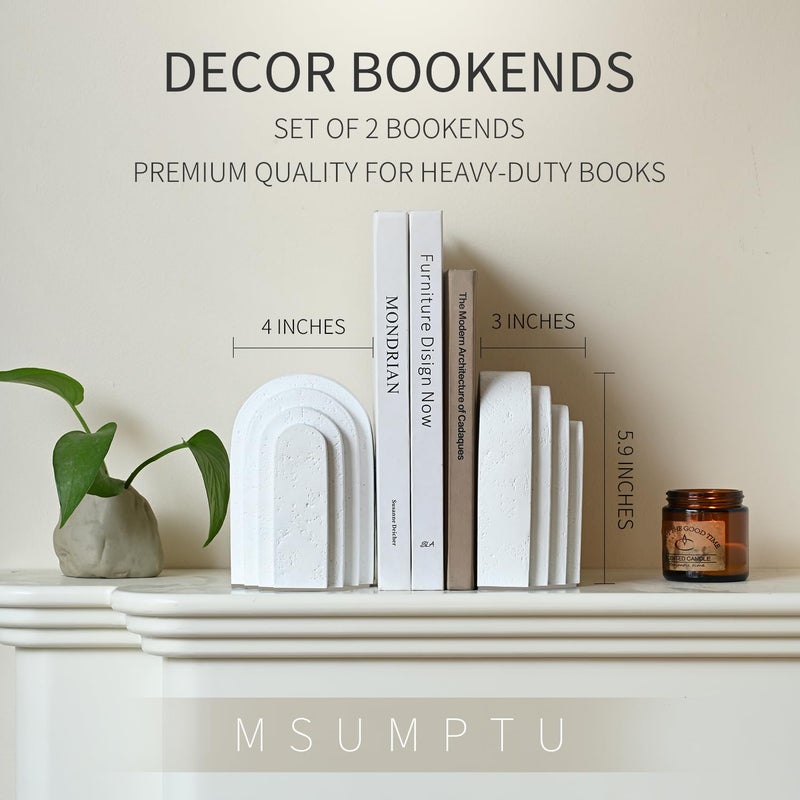 MSUMPTU Decorative Bookends for Shelves, Set of 2 Book Ends for Heavy Books, Layered Arch Design White Bookend - Image 3