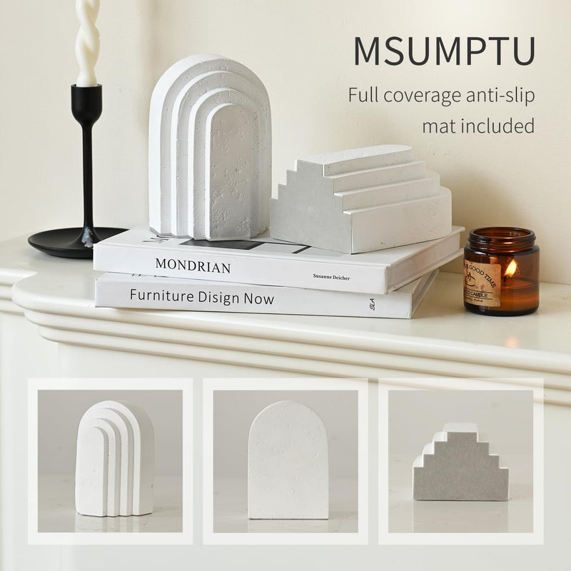 MSUMPTU Decorative Bookends for Shelves, Set of 2 Book Ends for Heavy Books, Layered Arch Design White Bookend - Image 4