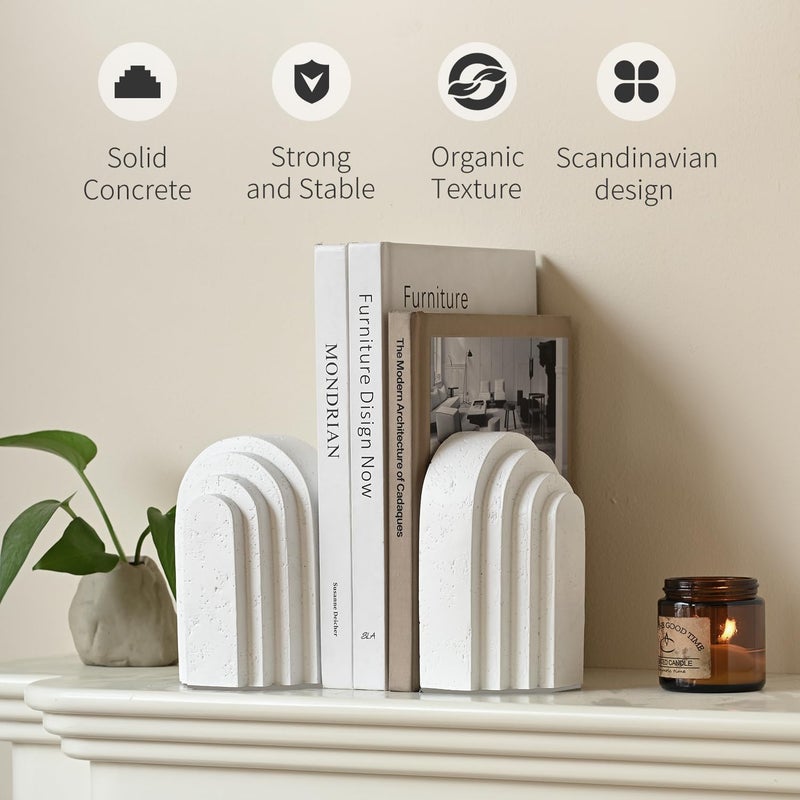 MSUMPTU Decorative Bookends for Shelves, Set of 2 Book Ends for Heavy Books, Layered Arch Design White Bookend - Image 2