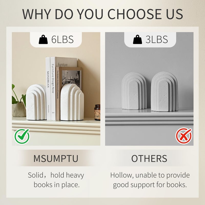 MSUMPTU Decorative Bookends for Shelves, Set of 2 Book Ends for Heavy Books, Layered Arch Design White Bookend - Image 5