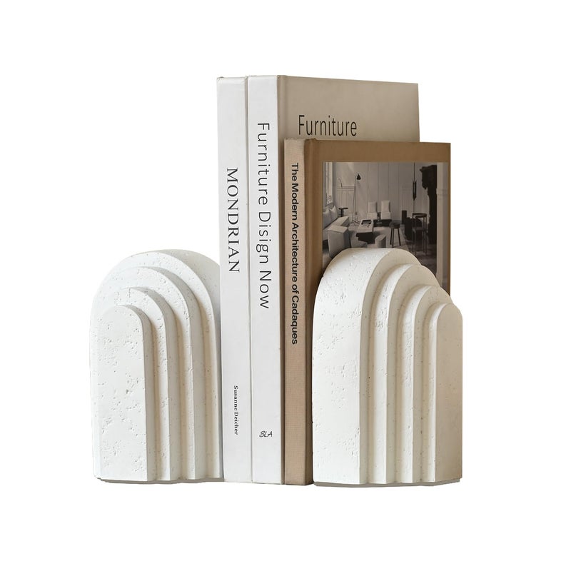 MSUMPTU Decorative Bookends for Shelves, Set of 2 Book Ends for Heavy Books, Layered Arch Design White Bookend - Image 1