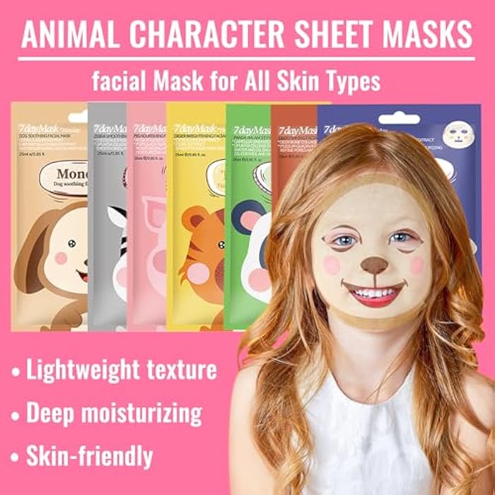 MinFei 7 Pack Face Mask Skin Care for Kids, Animal Character Kids Face Mask, Spa Party Supplies for Girls, Sleepover Party Supplies for Girls, Teen Girl Gifts, Stocking Stuffers for Women - Image 2