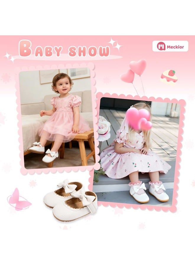 Meckior Infant Baby Girls Soft Sole Bowknot Princess Wedding Dress Mary Jane Flats Prewalker Newborn Light Baby Sneaker Shoes, C01/White, 6-12 Months - Image 4