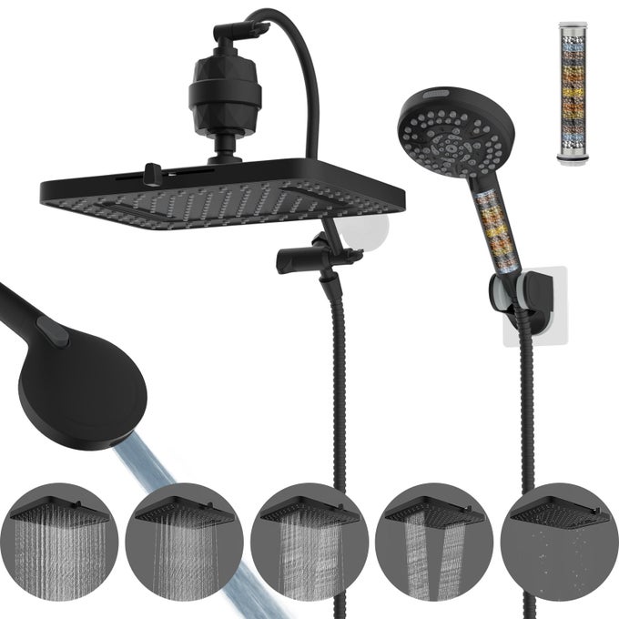 UPGRADED 5SPRAY 13 DUAL FILTERED RAINFALL SHOWER HEAD COMBO HIGH PRESSURE 10SETTING HANDHELD SHOWER HEAD WITH 12 ADJUSTABLE EXTENSION ARM 20 STAGE SHOWER FILTER 71 HOSE MATTE BLACK
