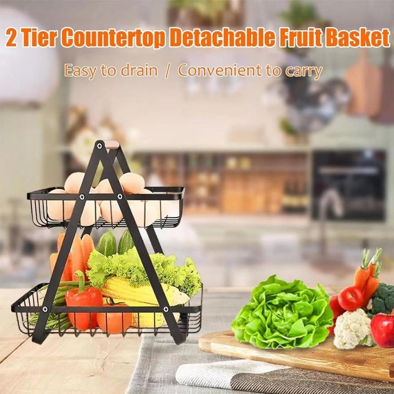 POPLEY Fruit Basket 2 Layer arbon Steel Portable Storage Rack for FruitsVegetablesDishesStationary Organizer - Image 2