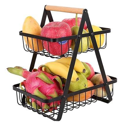 POPLEY Fruit Basket 2 Layer arbon Steel Portable Storage Rack for FruitsVegetablesDishesStationary Organizer - Image 1