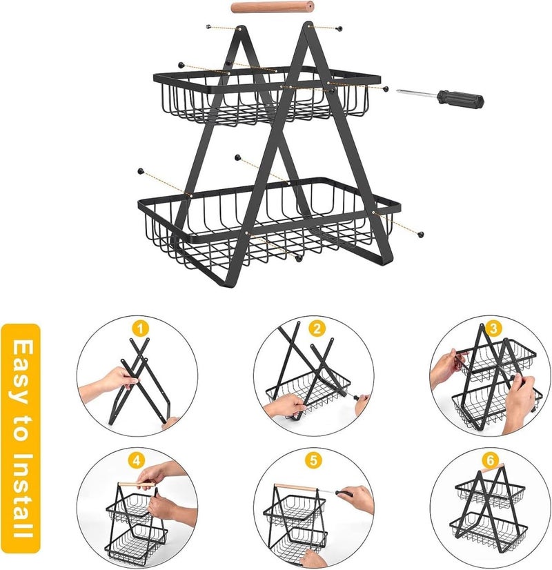 POPLEY Fruit Basket 2 Layer arbon Steel Portable Storage Rack for FruitsVegetablesDishesStationary Organizer - Image 4