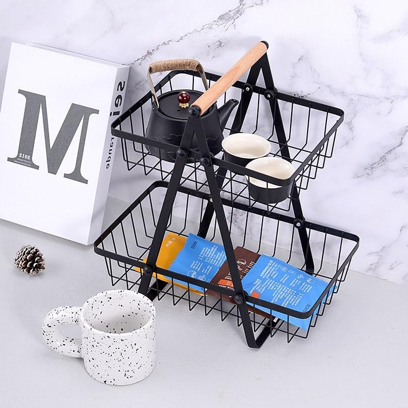 POPLEY Fruit Basket 2 Layer arbon Steel Portable Storage Rack for FruitsVegetablesDishesStationary Organizer - Image 5