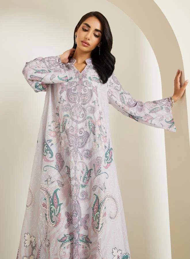 Amirah Women Paisley Print Jalabiya with Rhinestone Embellishment