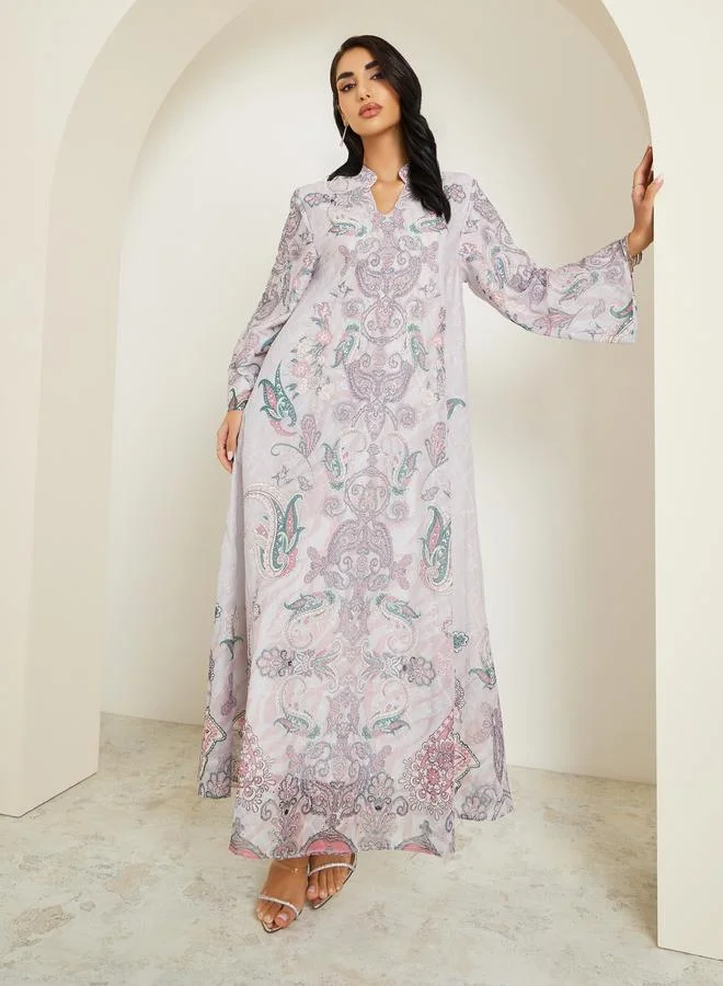 Amirah Women Paisley Print Jalabiya with Rhinestone Embellishment