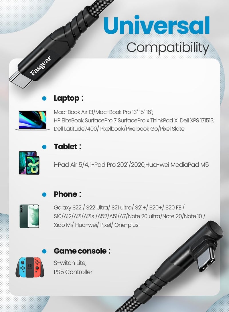 فاسجير كابل USB C إلى USB C، عبوة من 2 بطول 1.8 متر 60 واط من نوع C إلى نوع C بزاوية قائمة 90 درجة، سلك شحن سريع PD متوافق مع Galaxy S22 S21 Mac-Book i-Pad Pro (6 أقدام، 2 أزرق) - Image 5