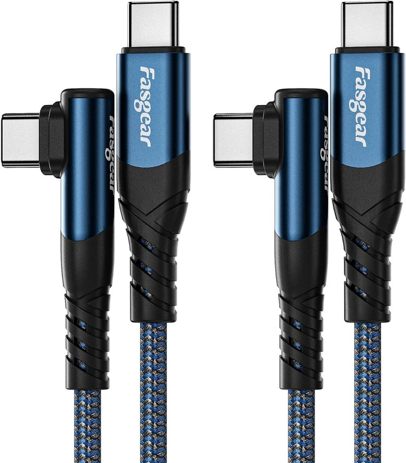 فاسجير كابل USB C إلى USB C، عبوة من 2 بطول 1.8 متر 60 واط من نوع C إلى نوع C بزاوية قائمة 90 درجة، سلك شحن سريع PD متوافق مع Galaxy S22 S21 Mac-Book i-Pad Pro (6 أقدام، 2 أزرق) - Image 1
