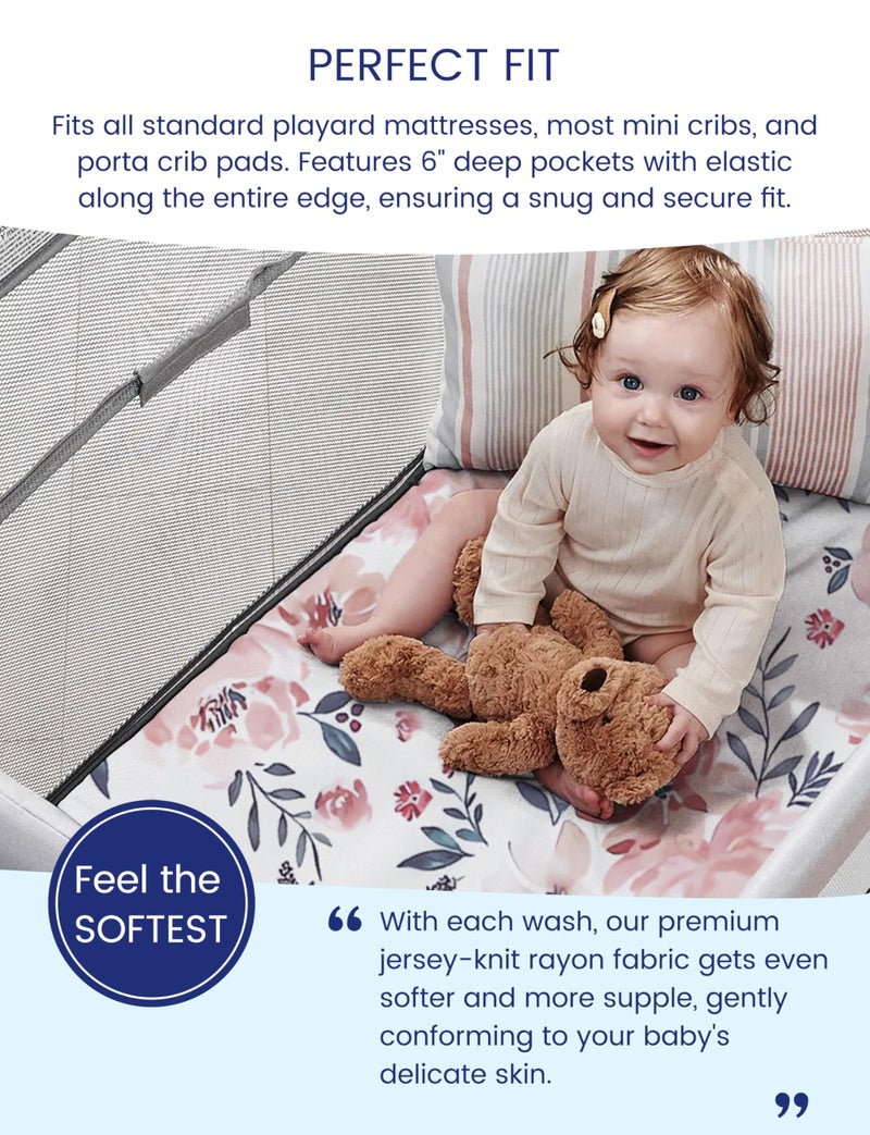 TotAha Graco Pack and Play Sheets Fitted, TotAha Buttery Soft Mini Crib Sheets Girl, Floral Pack N Play Mattress Sheets Hypoallergenic, Premium Jersey Playrad Sheets, Meredith Allover & Pale Pink, 2 Pack - Image 2