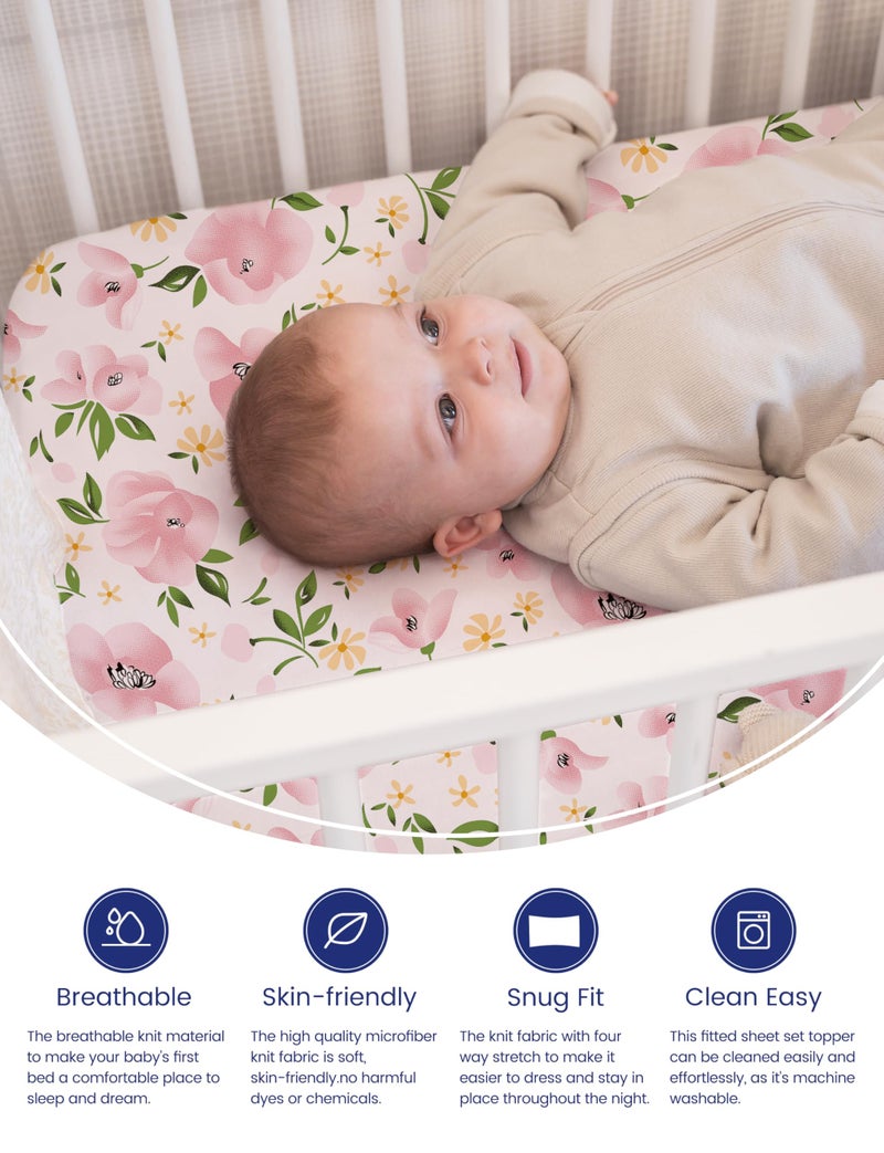 TotAha Graco Pack and Play Sheets Fitted, TotAha Buttery Soft Mini Crib Sheets Girl, Floral Pack N Play Mattress Sheets Hypoallergenic, Premium Jersey Playrad Sheets, Meredith Allover & Pale Pink, 2 Pack - Image 3