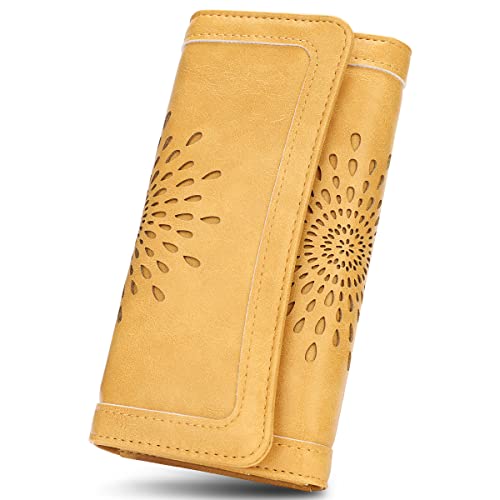 APHISON Womens Wallets RFID Blocking PU Leather Clutch Long Wallet for Women Card Holder Phone Organizer Ladies Travel Purse Hollow Out Sunflower Design Gift Box 2214 YELLOW - Image 1