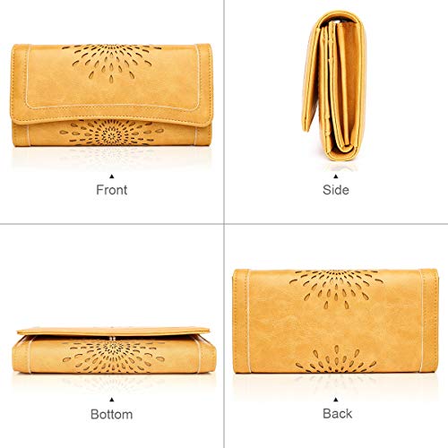 APHISON Womens Wallets RFID Blocking PU Leather Clutch Long Wallet for Women Card Holder Phone Organizer Ladies Travel Purse Hollow Out Sunflower Design Gift Box 2214 YELLOW - Image 2