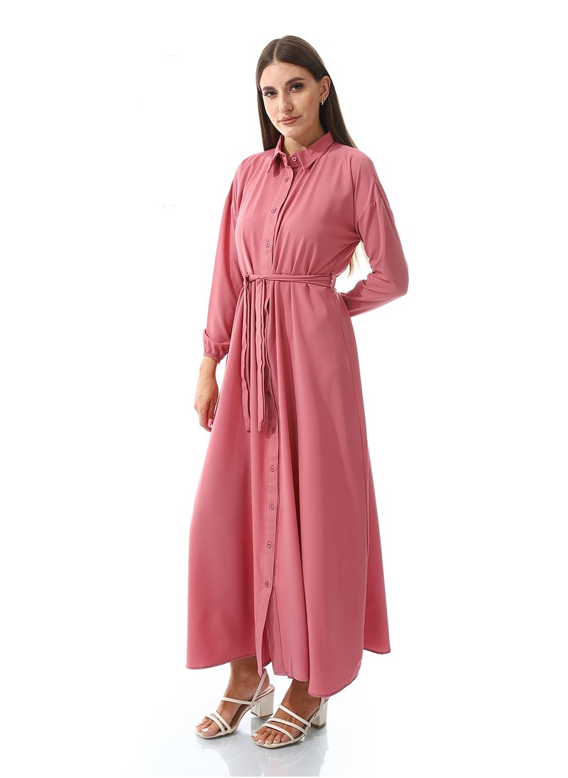 Andora - Self Pattern Dress With Belt_Orchid Pink - Image 1