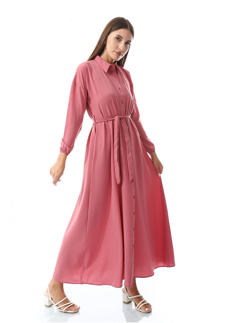 Andora - Self Pattern Dress With Belt_Orchid Pink - Image 1