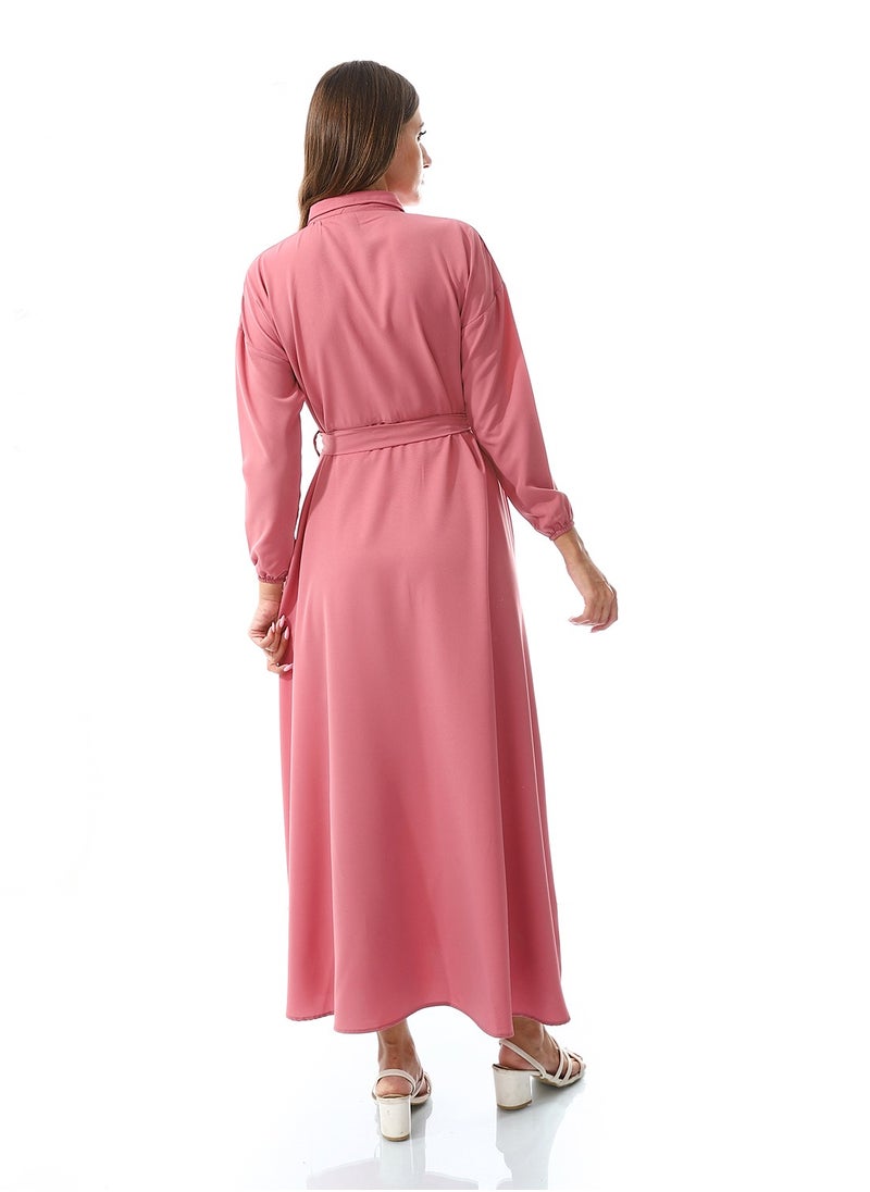 Andora - Self Pattern Dress With Belt_Orchid Pink - Image 1