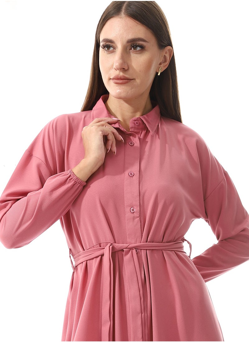 Andora - Self Pattern Dress With Belt_Orchid Pink - Image 1