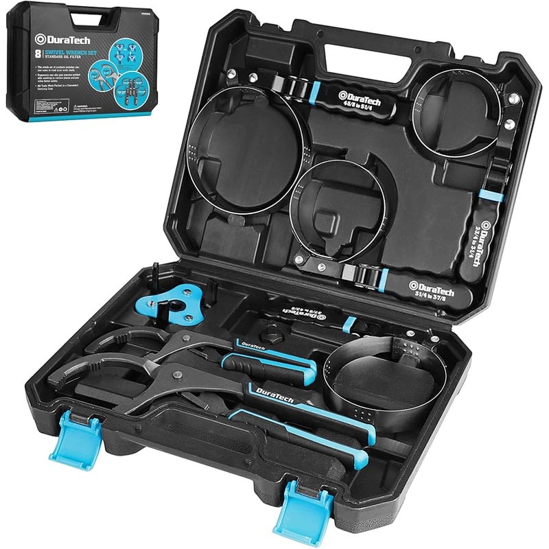 DURATECH 8-Piece Oil Filter Swivel Wrench Set, Wrenches Cover 2-3/4 to 5-1/4, 9 & 12 Adjustable Oil Filter Pliers, Universal 3-Jaw Removal Tool with 1/2 to 3/8 Adapter, Organized in Storage Case - Image 1