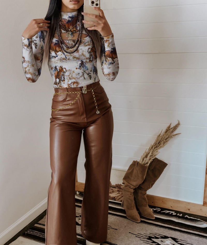 Urchics Womens Long Sleeve Shirts Western T-Shirt Slim Fit Hollow Out High Neck Y2k Tops Tee Brown S - Image 3