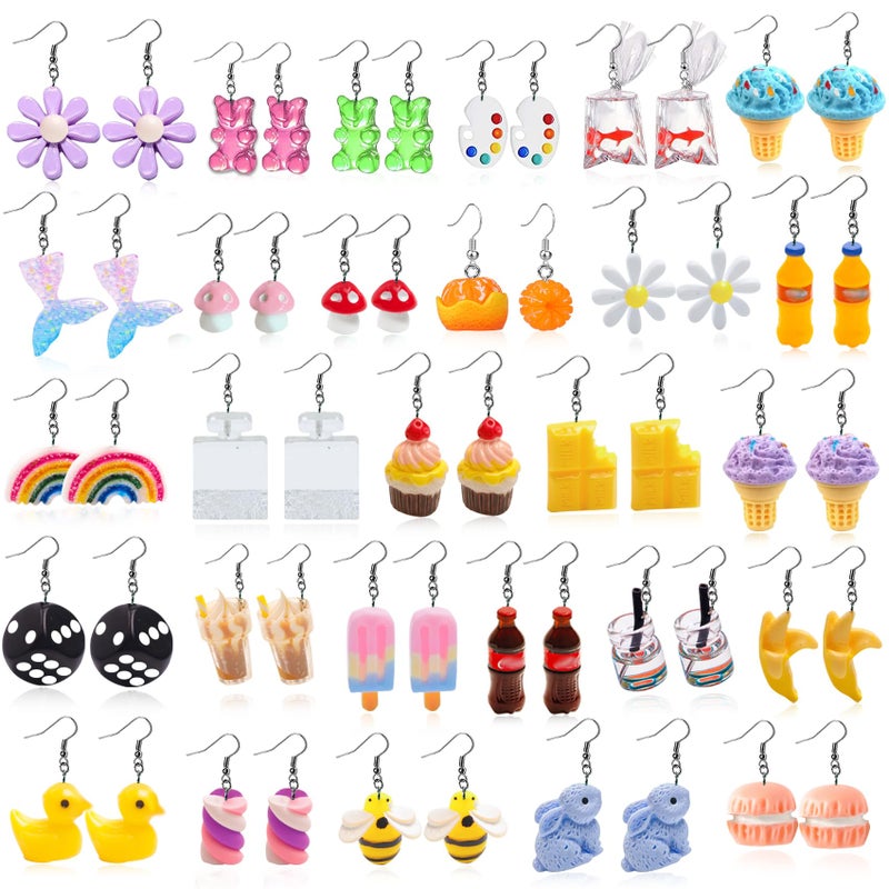LUYI 28 Pairs Weird Cute Earrings Funny Kawaii Indie Funky Earrings Including Gummy Bear Water Bottle Food Mushroom Boba Tea Earrings Goldfish Flowers Dangle Earrings for Women - Image 1